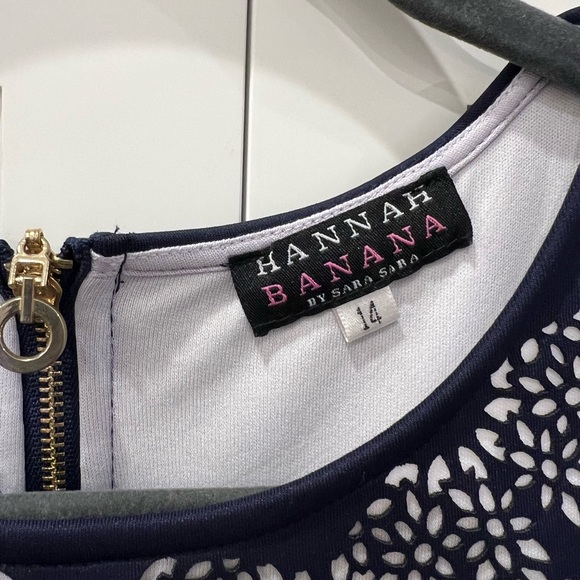 Girls Navy Dress - size 14 - pretty lace like detail at neck and hem - Picture 3 of 5